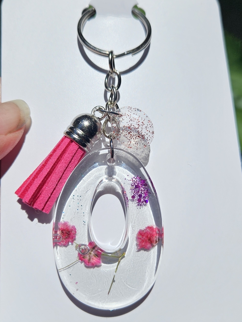 Handmade Floral Resin Keychain with Tassel, Letter O.